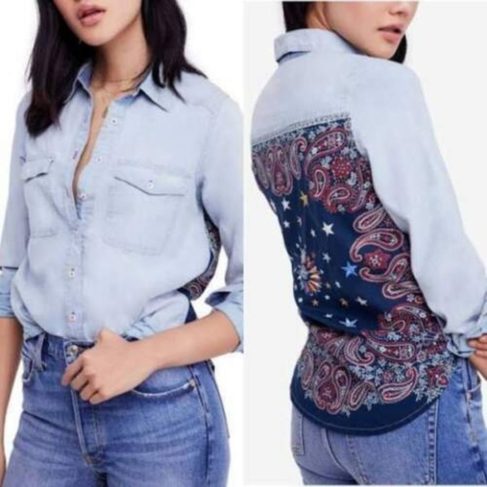 Free People Embroidered Bandana Bandit Chambray Button Down Shirt Size S